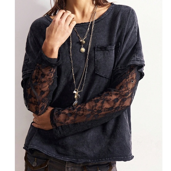 Tops - Women's Black Lace-Sleeve Long Sleeve Tee
